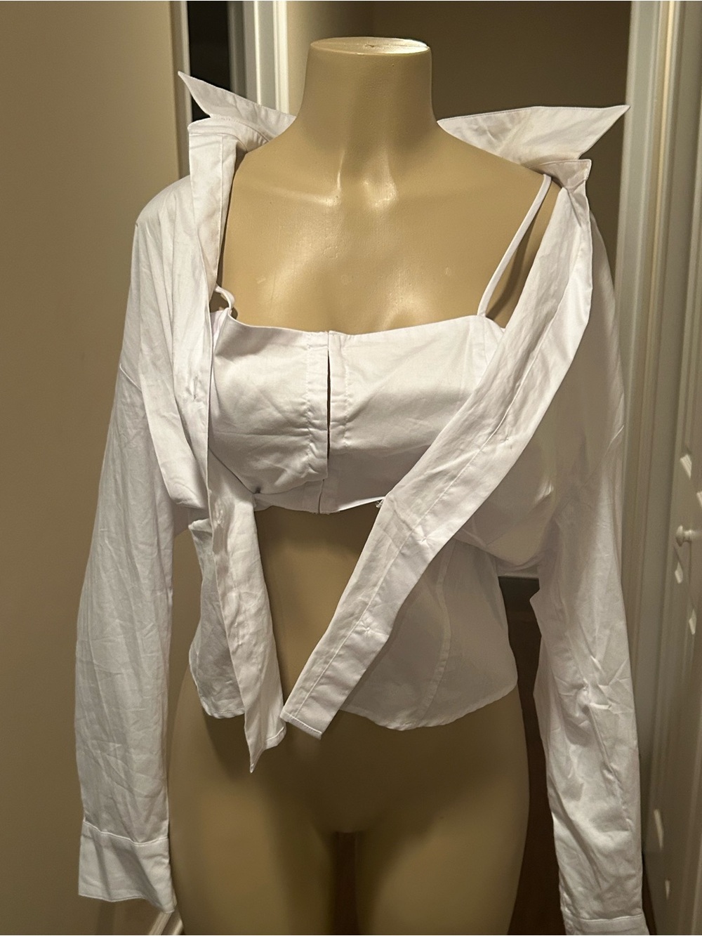 Astr White Two-Piece Crop Cami with Button-Front Shirt